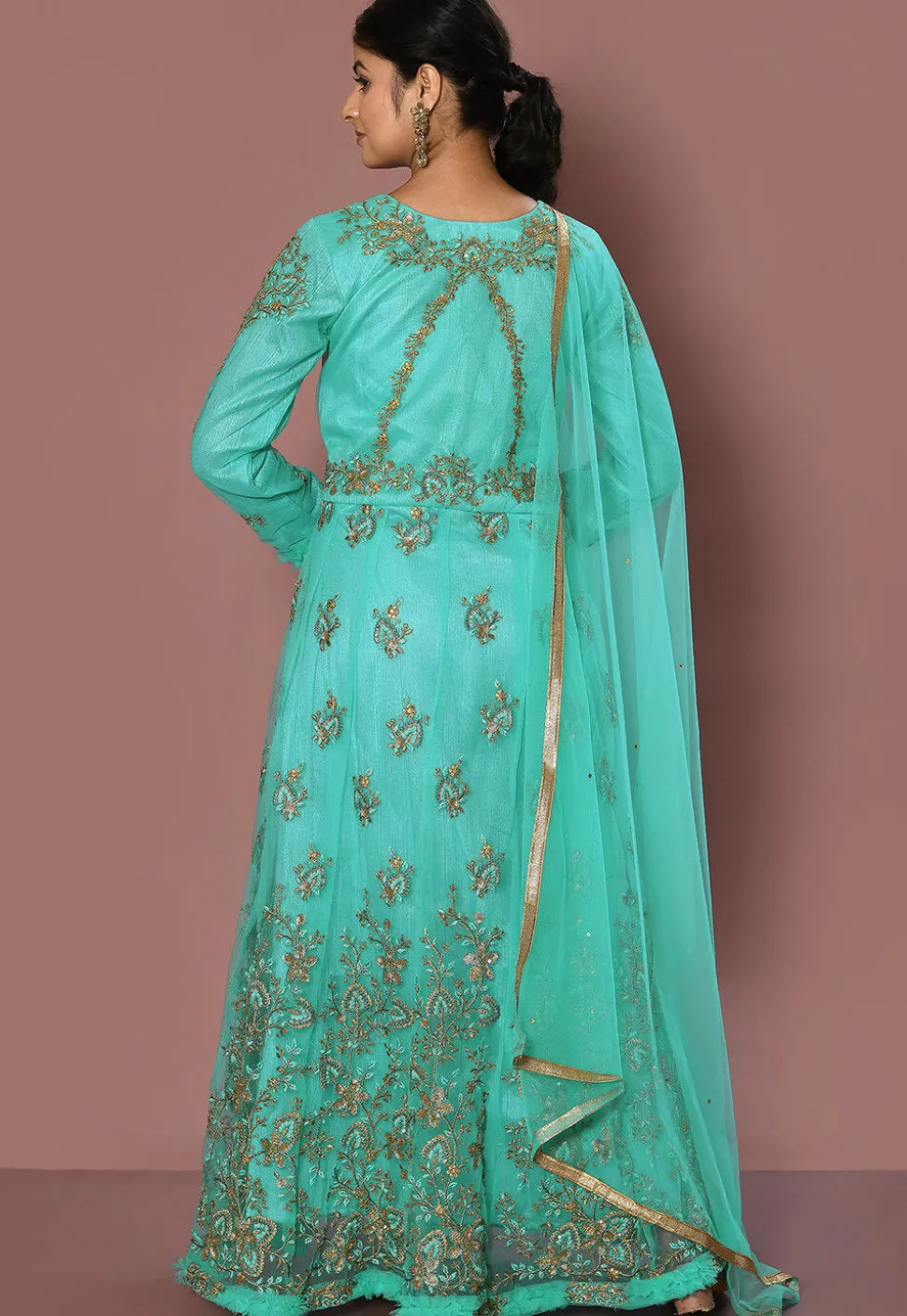 Embroidered Net Front Slit Pakistani Suit in Turquoise