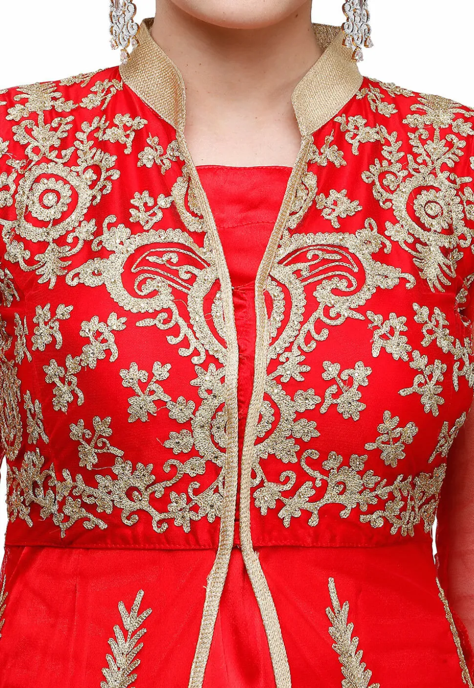 Embroidered Net Front Slit Pakistani Suit in Red