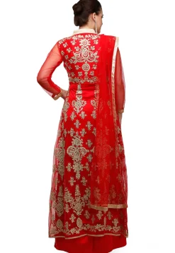 Embroidered Net Front Slit Pakistani Suit in Red