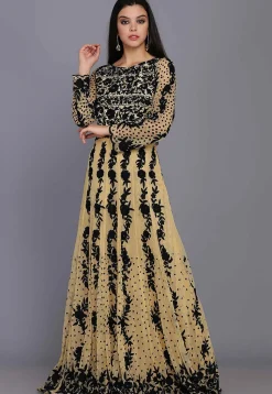 Embroidered Net Gown in Beige