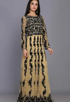 Embroidered Net Gown in Beige