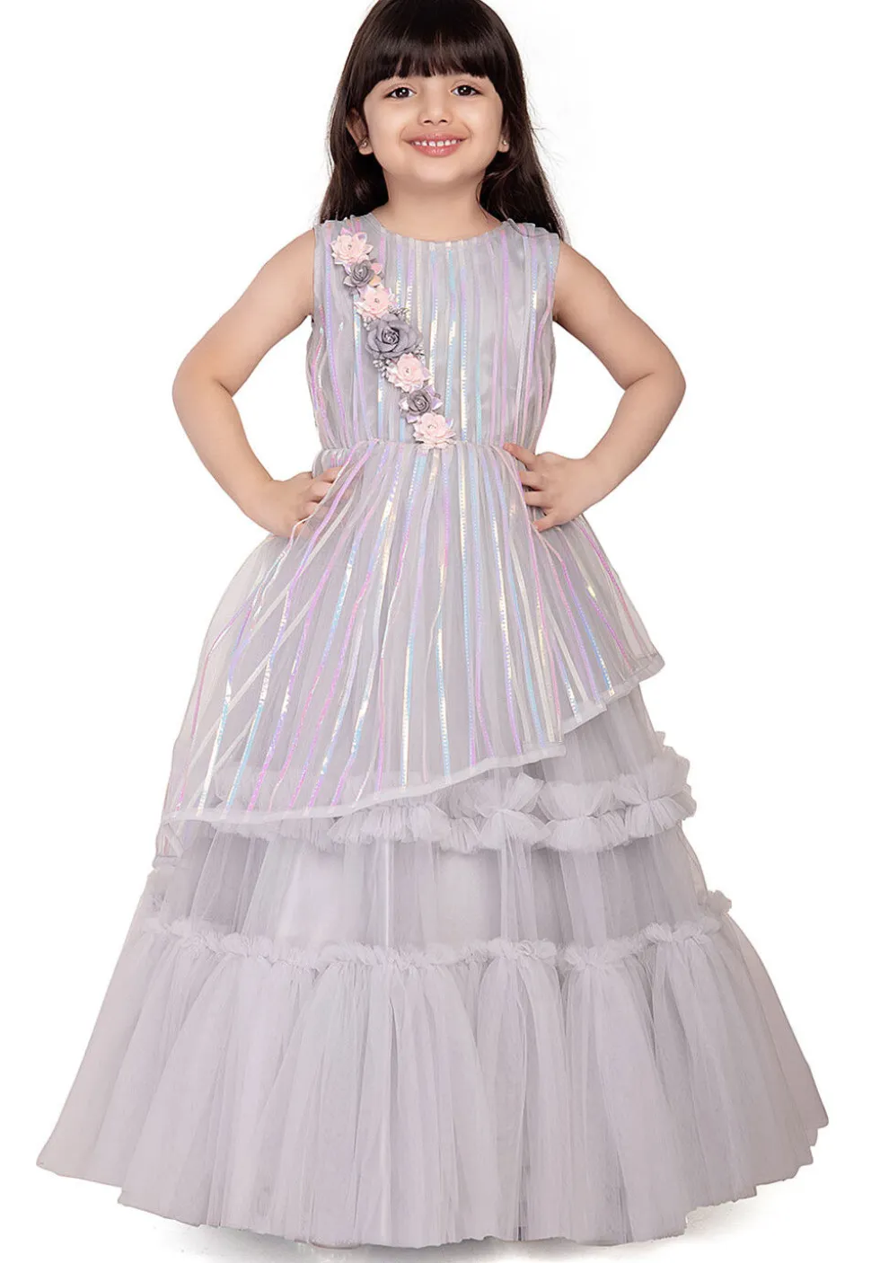 Embroidered Net Gown in Grey