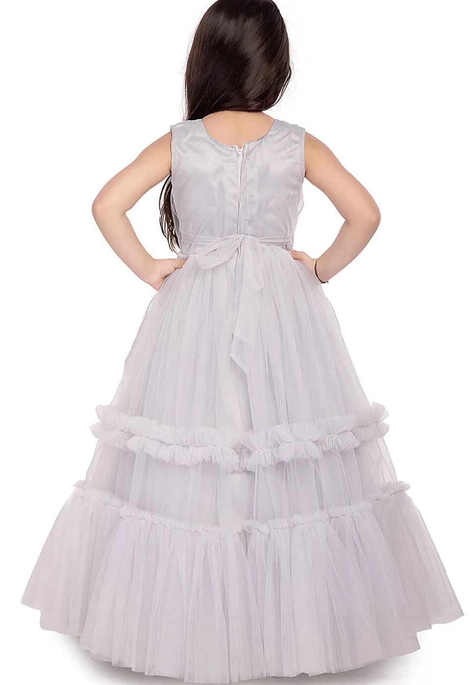 Embroidered Net Gown in Grey