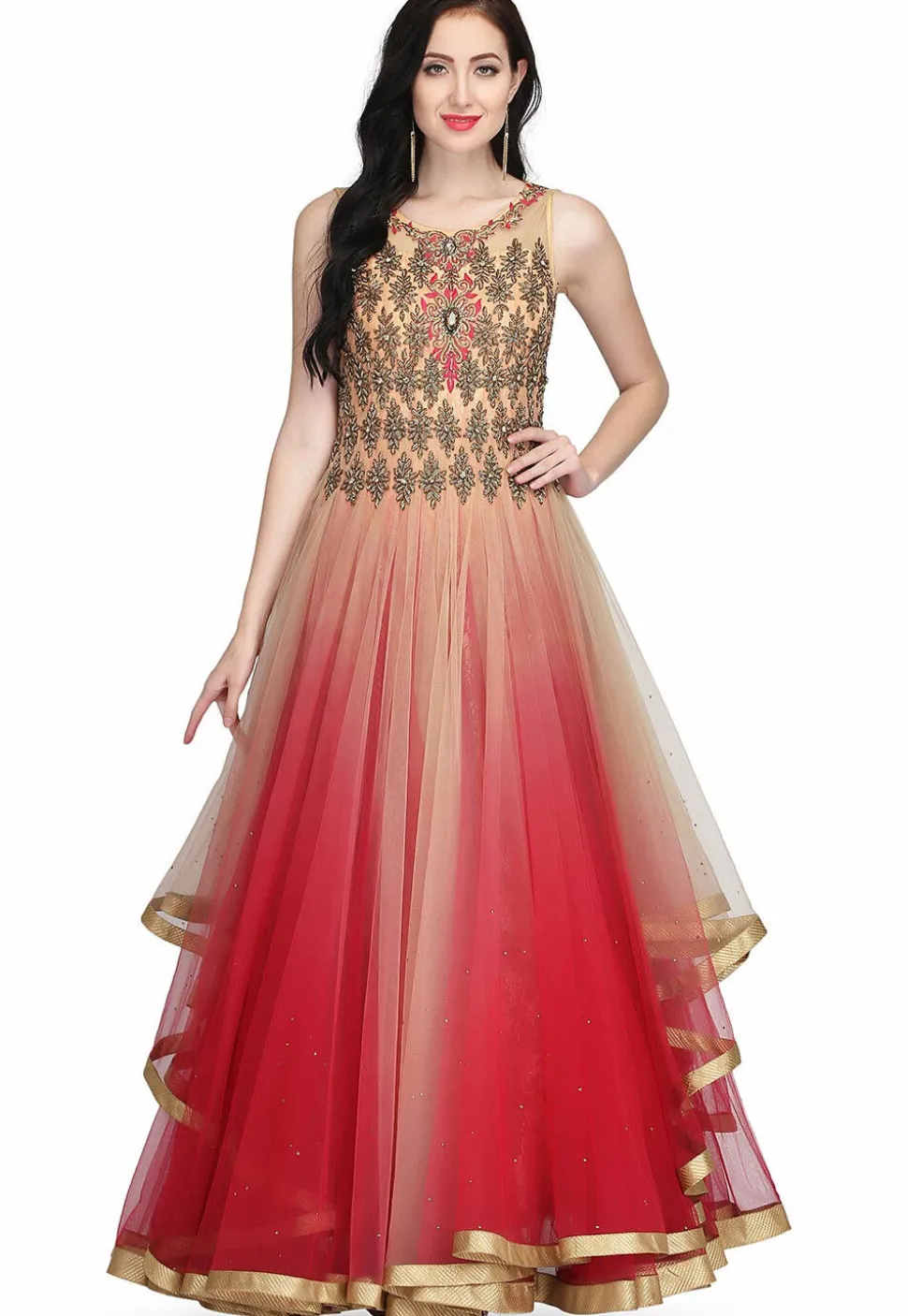 Embroidered Net Gown in Light Peach and Maroon