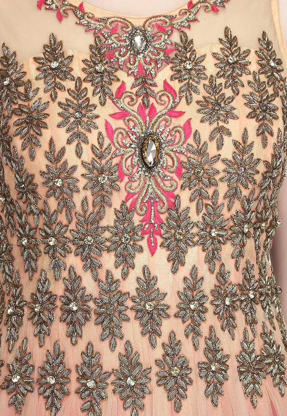 Embroidered Net Gown in Light Peach and Maroon
