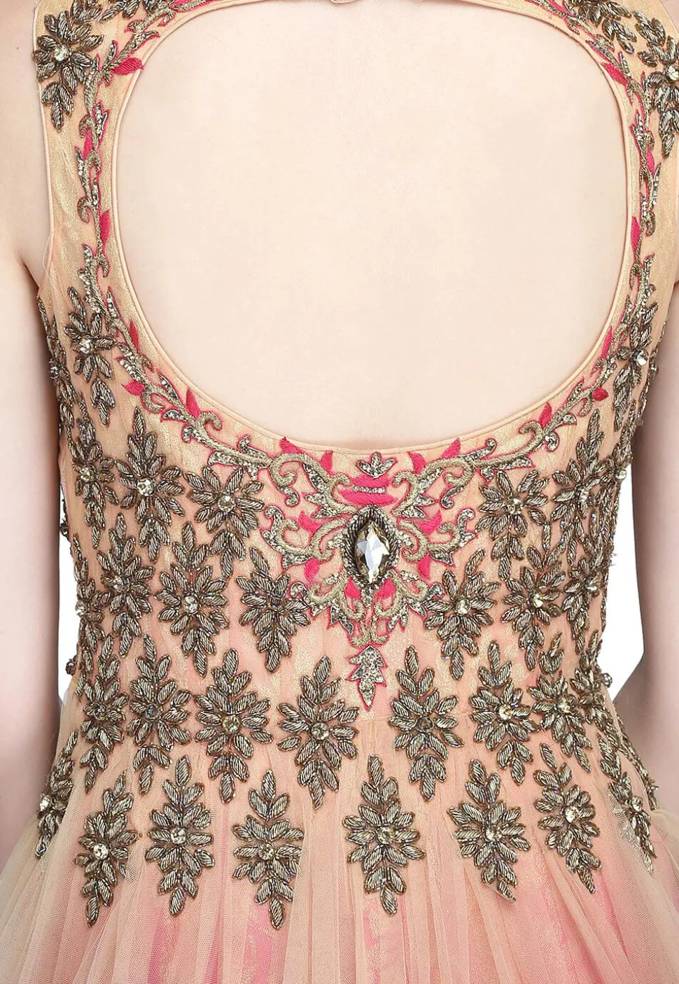 Embroidered Net Gown in Light Peach and Maroon