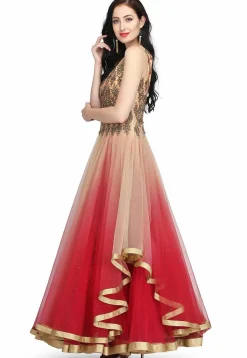 Embroidered Net Gown in Light Peach and Maroon