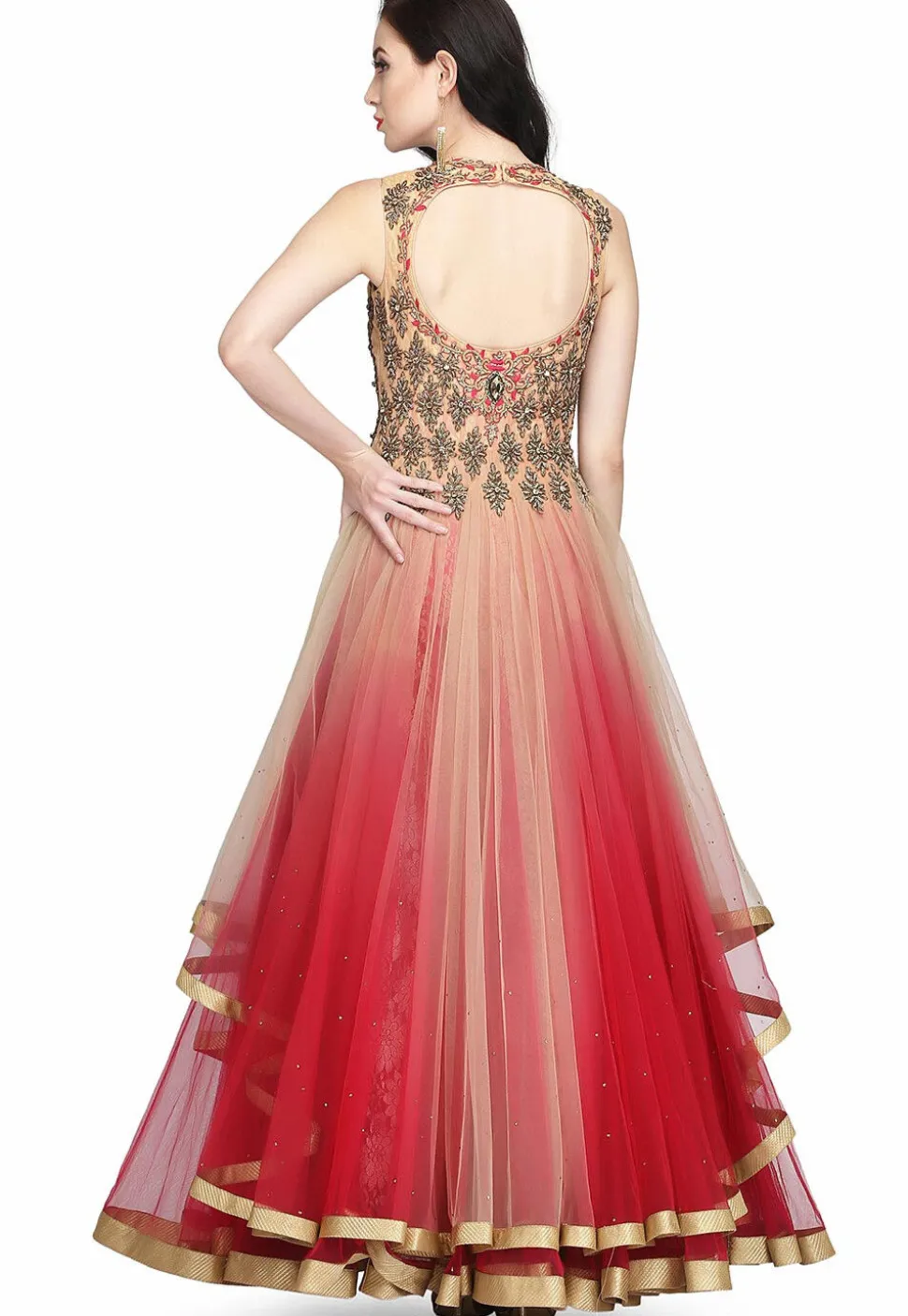 Embroidered Net Gown in Light Peach and Maroon