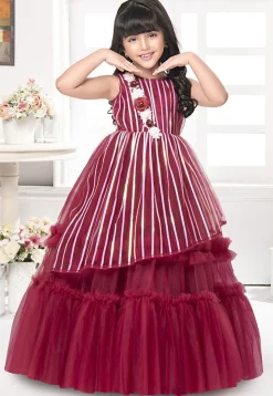 Embroidered Net Gown in Maroon