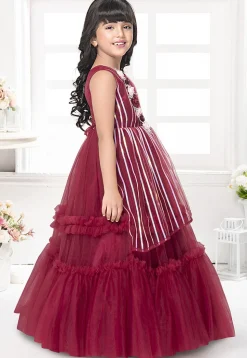 Embroidered Net Gown in Maroon