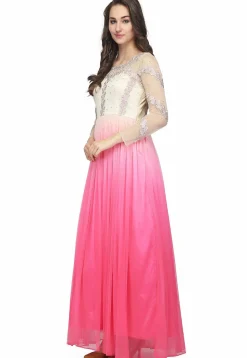 Embroidered Net Gown in Off White and Pink