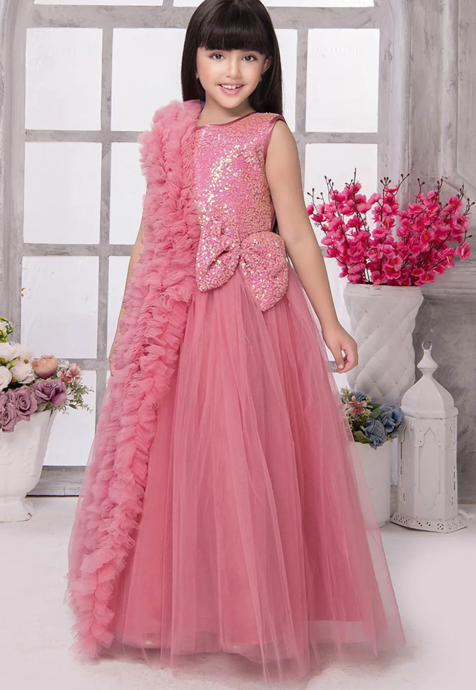 Embroidered Net Gown in Pink