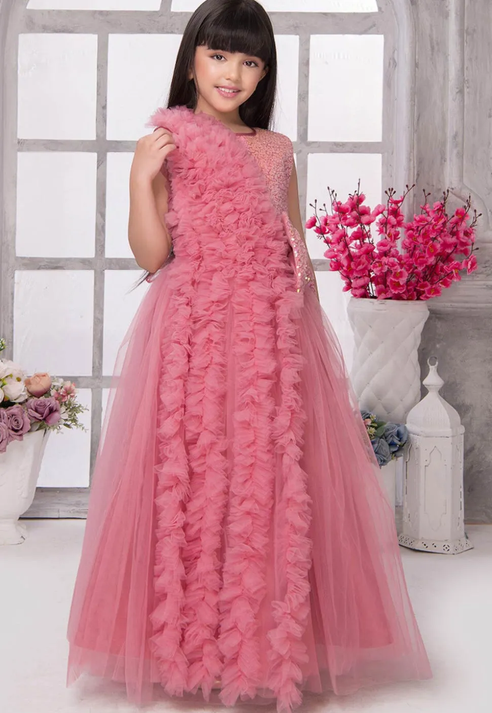 Embroidered Net Gown in Pink