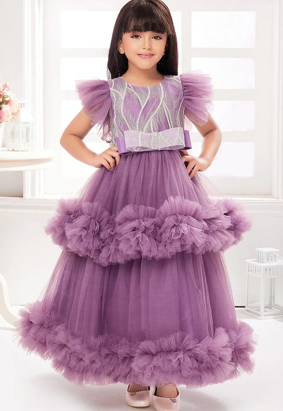 Embroidered Net Gown in Purple