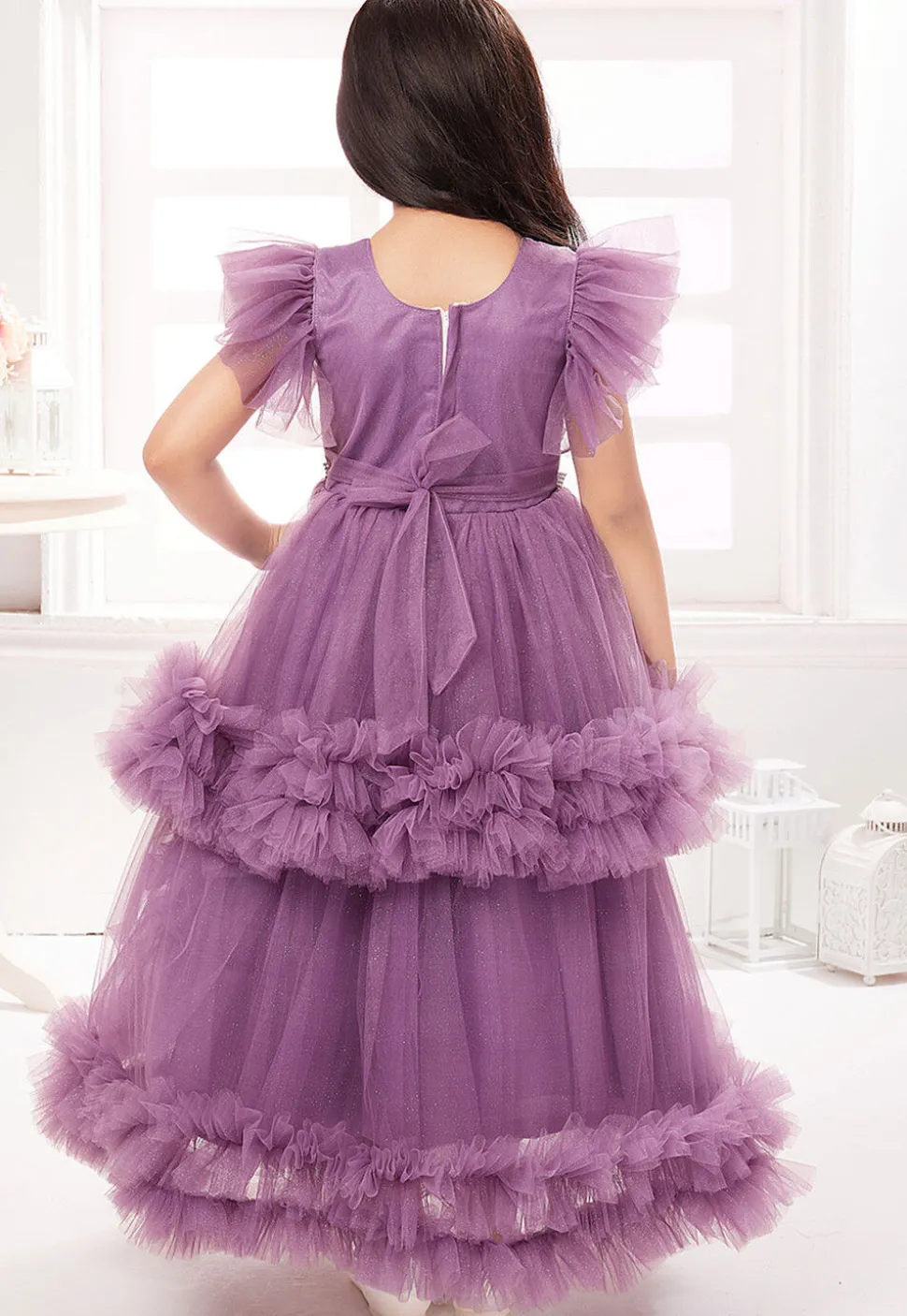 Embroidered Net Gown in Purple