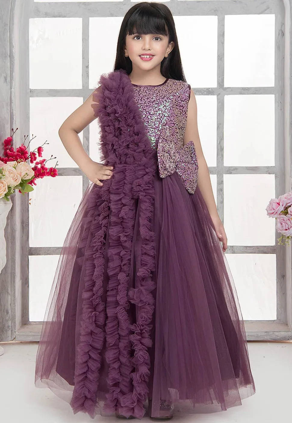 Embroidered Net Gown in Purple
