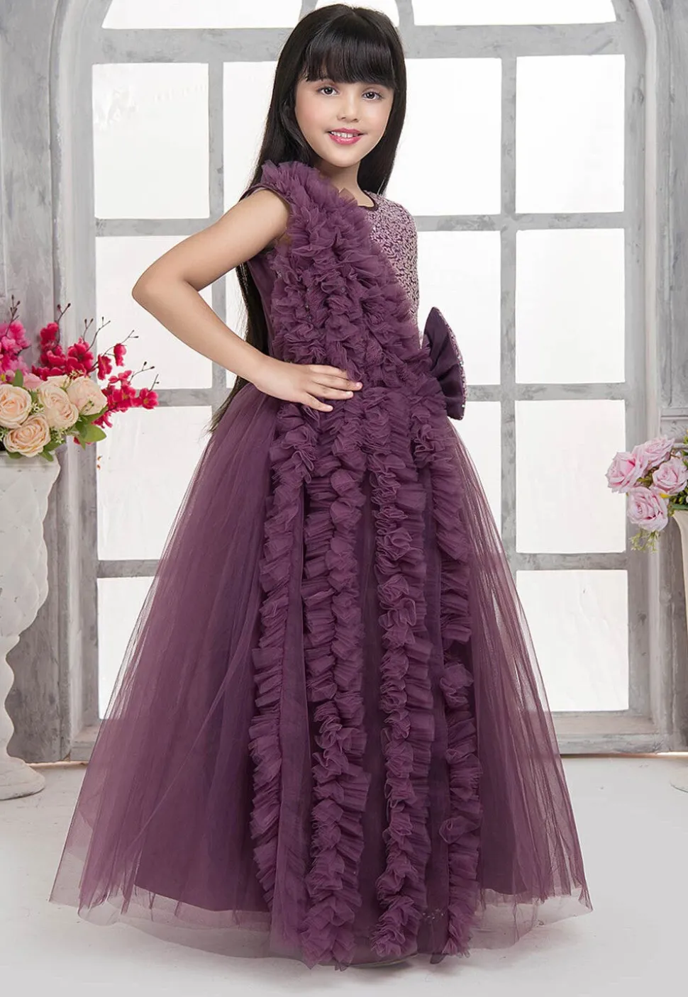 Embroidered Net Gown in Purple