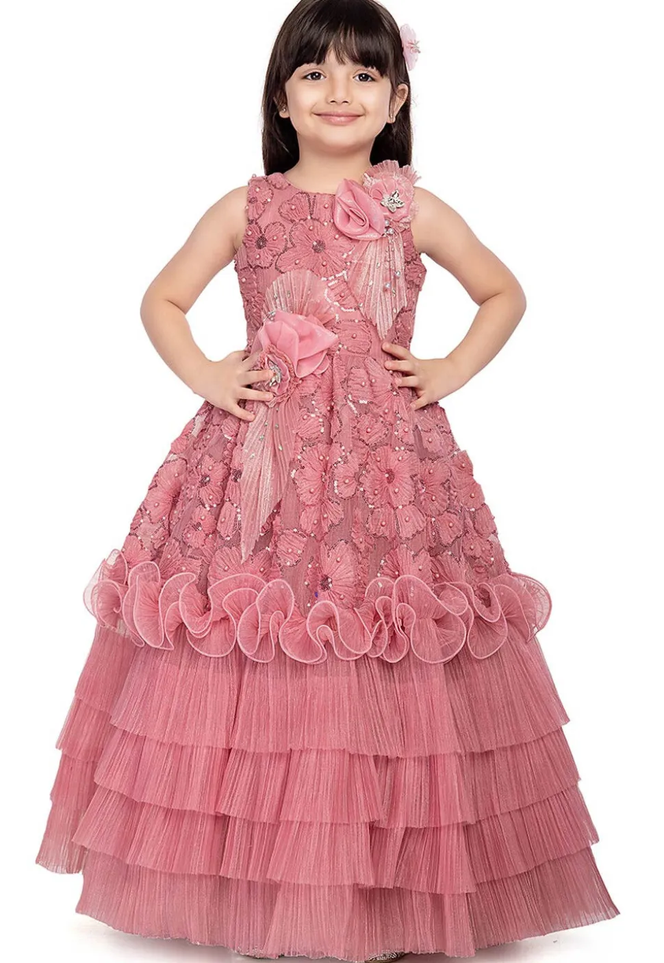 Embroidered Net Gown in Peach
