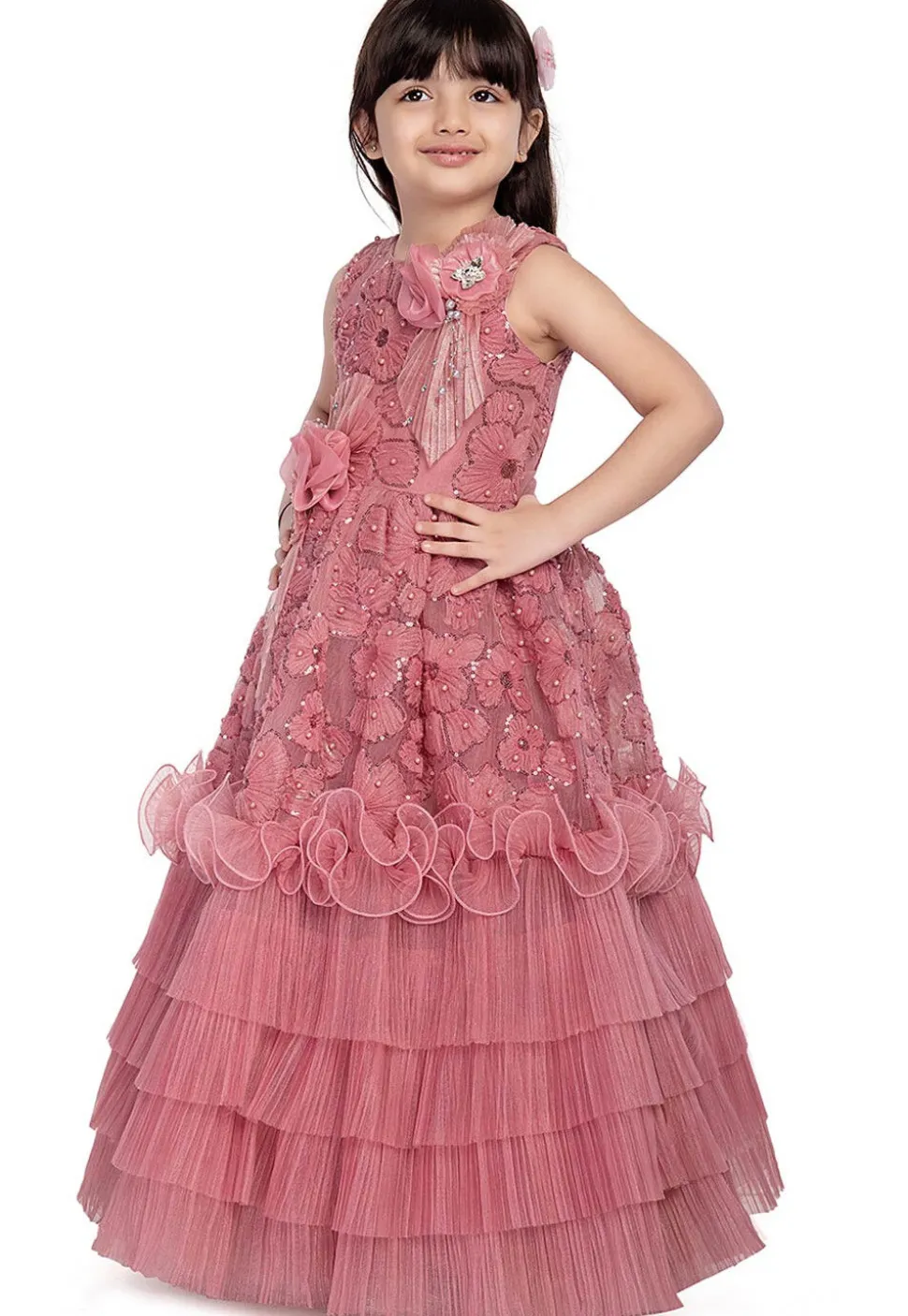 Embroidered Net Gown in Peach