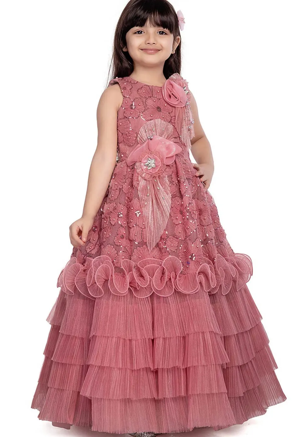 Embroidered Net Gown in Peach