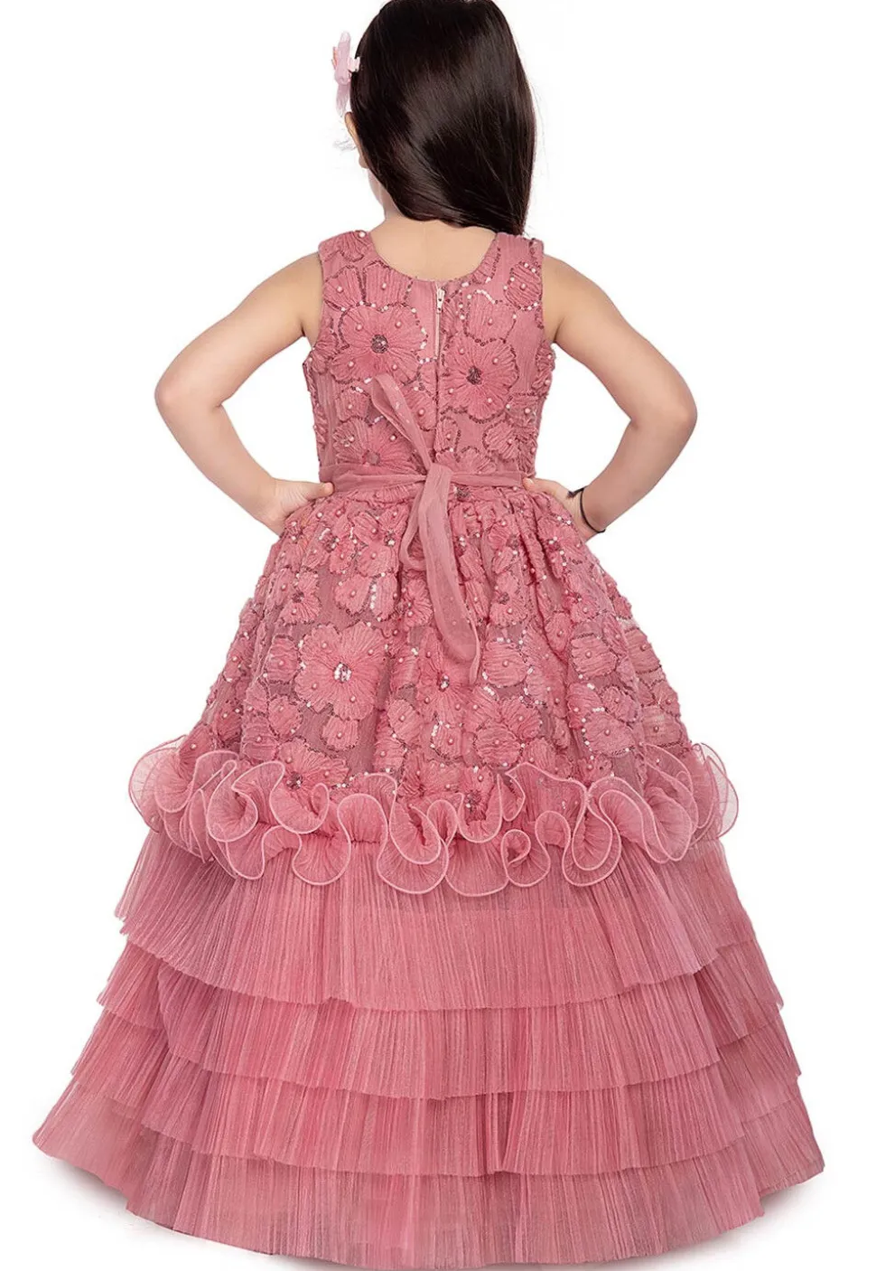 Embroidered Net Gown in Peach