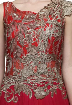 Embroidered Net Gown in Red and Fuchsia