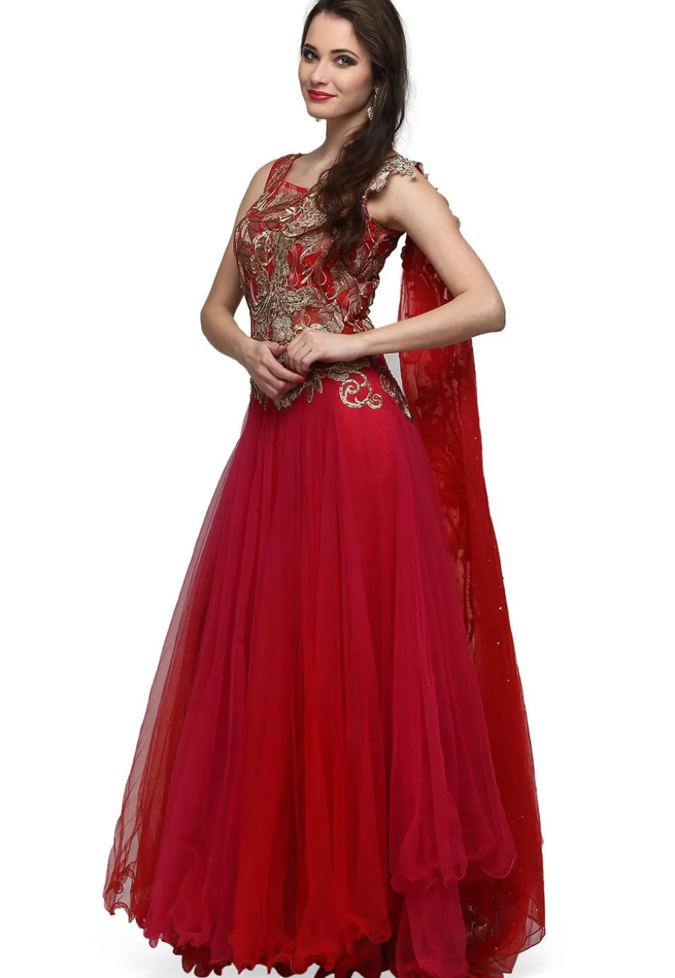 Embroidered Net Gown in Red and Fuchsia
