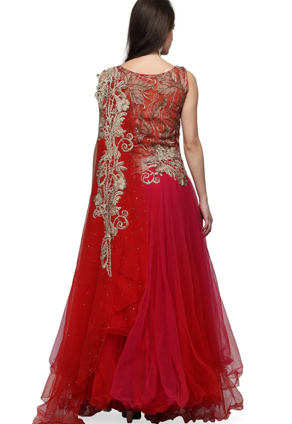 Embroidered Net Gown in Red and Fuchsia