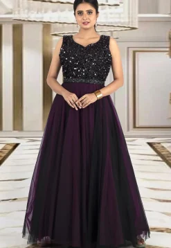 Embroidered Net Gown in Wine