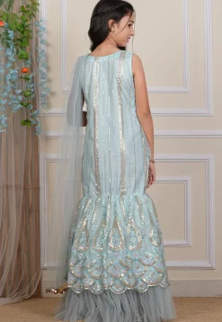 Embroidered Net Gown with Attached Dupatta in Pastel Blue