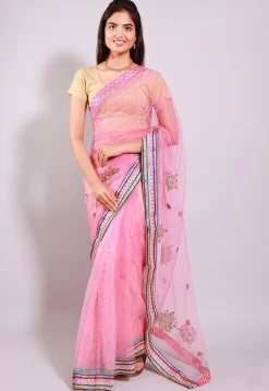 Embroidered Net Half N Half Saree in Pink