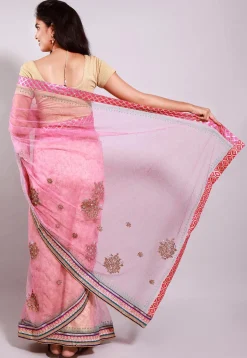 Embroidered Net Half N Half Saree in Pink