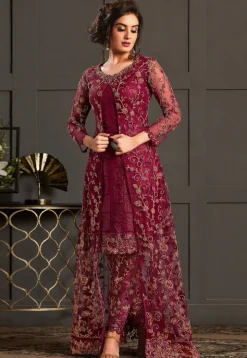 Embroidered Net Jacket Style Pakistani Suit in Maroon
