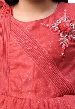 Embroidered Net Layered Gown in Coral Red