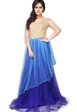 Embroidered Net Layered Gown In Blue