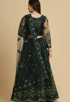 Embroidered Net Lehenga in Dark Green