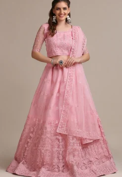 Embroidered Net Lehenga in Light Pink