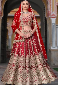 Embroidered Net Lehenga in Red