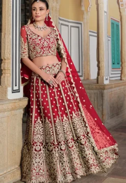 Embroidered Net Lehenga in Red