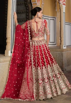 Embroidered Net Lehenga in Red
