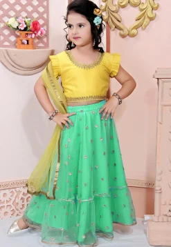 Embroidered Net Lehenga in Teal Green