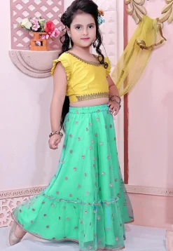 Embroidered Net Lehenga in Teal Green