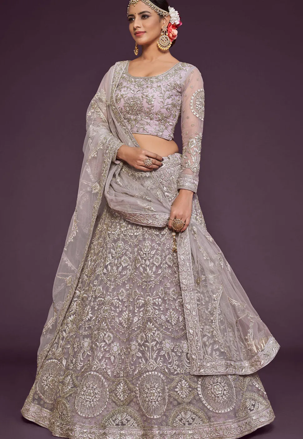 Embroidered Net Lehenga in Baby Pink