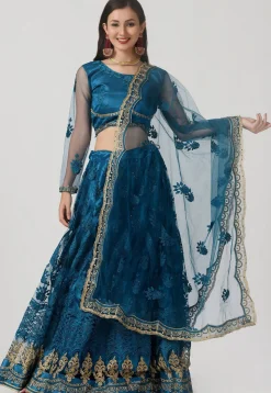 Embroidered Net Lehenga in Teal Blue