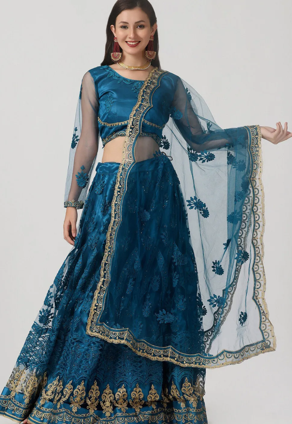Embroidered Net Lehenga in Teal Blue