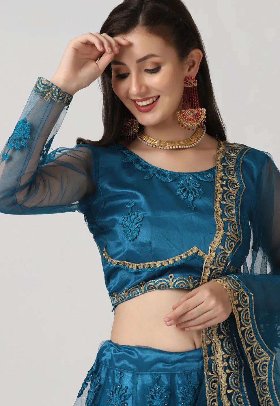 Embroidered Net Lehenga in Teal Blue
