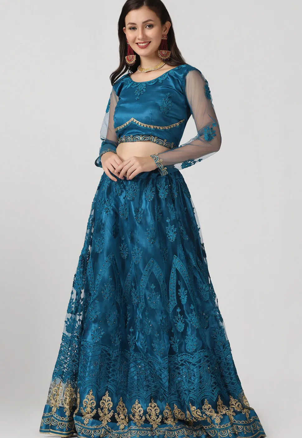 Embroidered Net Lehenga in Teal Blue