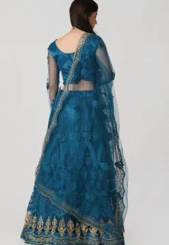 Embroidered Net Lehenga in Teal Blue