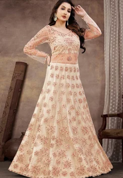 Embroidered Net Lehenga in Cream