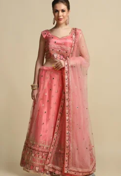 Embroidered Net Lehenga in Peach
